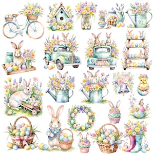 May include: A collection of watercolour illustrations featuring Easter themes. The illustrations include bunnies, eggs, flowers, a birdhouse, a watering can, a bicycle, a truck, a wreath, a cupcake, a chick, a basket, and a pair of wellies.