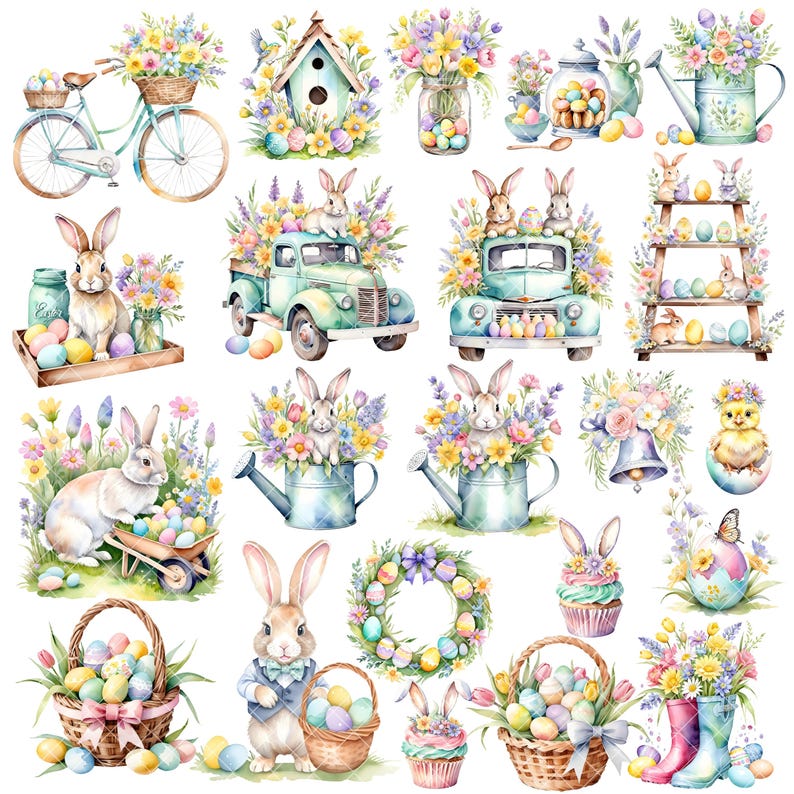 May include: A collection of watercolour illustrations featuring Easter themes. The illustrations include bunnies, eggs, flowers, a birdhouse, a watering can, a bicycle, a truck, a wreath, a cupcake, a chick, a basket, and a pair of wellies.