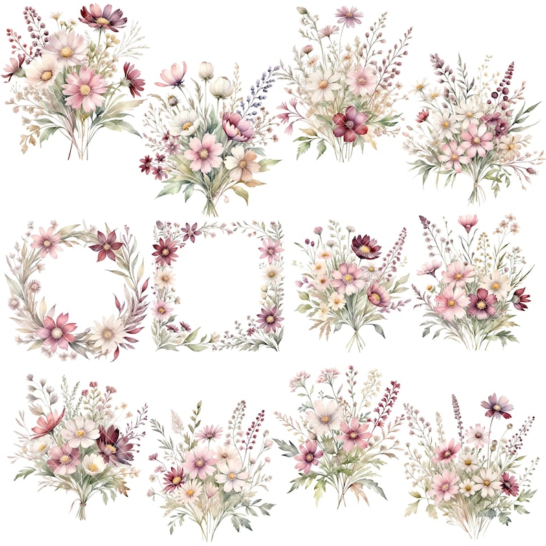 May include: A set of 10 watercolor illustrations featuring delicate bouquets of pink, white, and burgundy wildflowers. The illustrations are perfect for adding a touch of nature to any project.