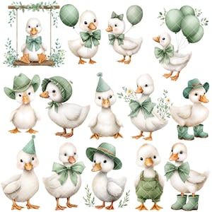 Puede incluir: Colecci&oacute;n de ilustraciones en acuarela de patitos blancos con lazos, sombreros y accesorios verdes. Algunos patitos sostienen globos, flores o llevan petos. Un patito est&aacute; en un columpio.