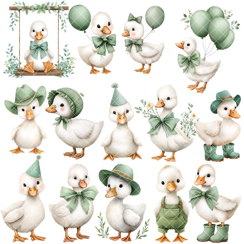 Puede incluir: Colecci&oacute;n de ilustraciones en acuarela de patitos blancos con lazos, sombreros y accesorios verdes. Algunos patitos sostienen globos, flores o llevan petos. Un patito est&aacute; en un columpio.