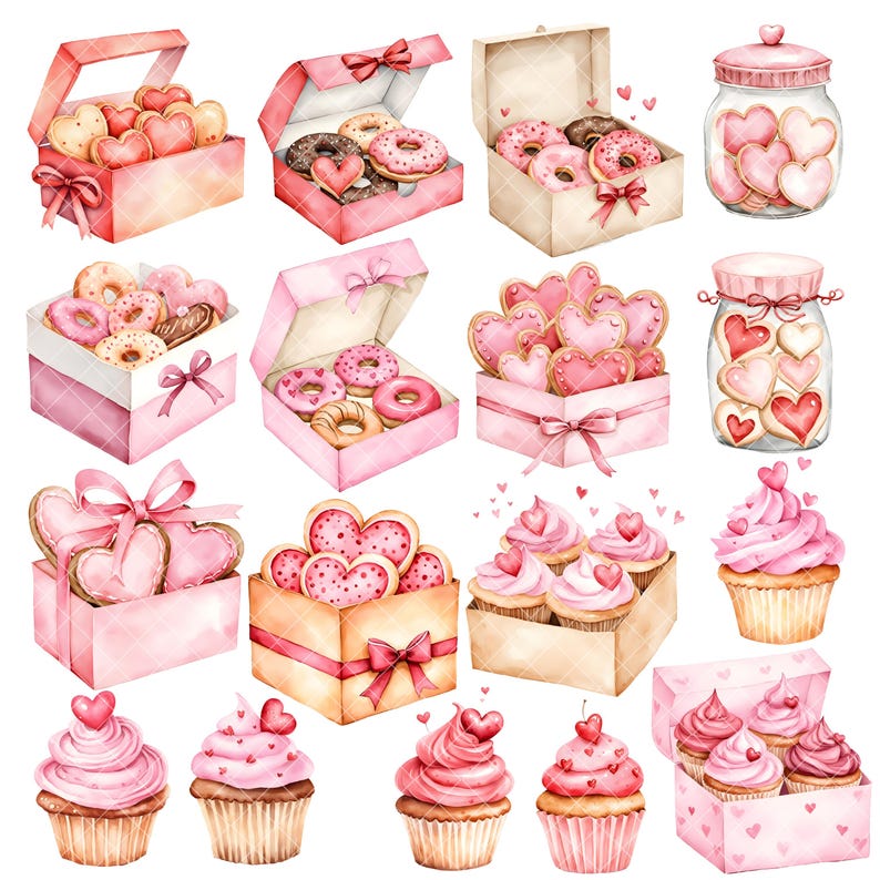 K&ouml;nnte beinhalten: Aquarell-Illustration verschiedener Valentinstags-Artikel, darunter Schachteln mit Donuts, Cupcakes und Gl&auml;ser mit herzf&ouml;rmigen Keksen. Die Artikel sind alle in Rosa und Rot dekoriert.