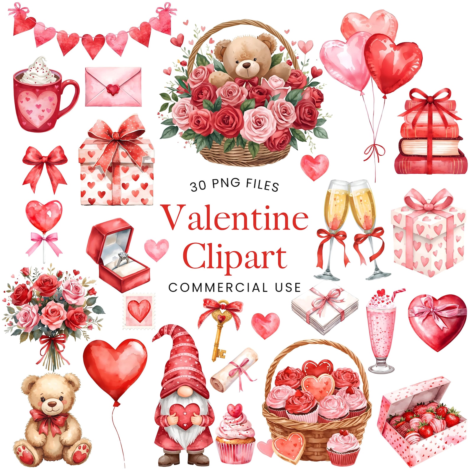 Valentine Clipart Bundle - Watercolor - Cute Valentine Png - Romantic ...