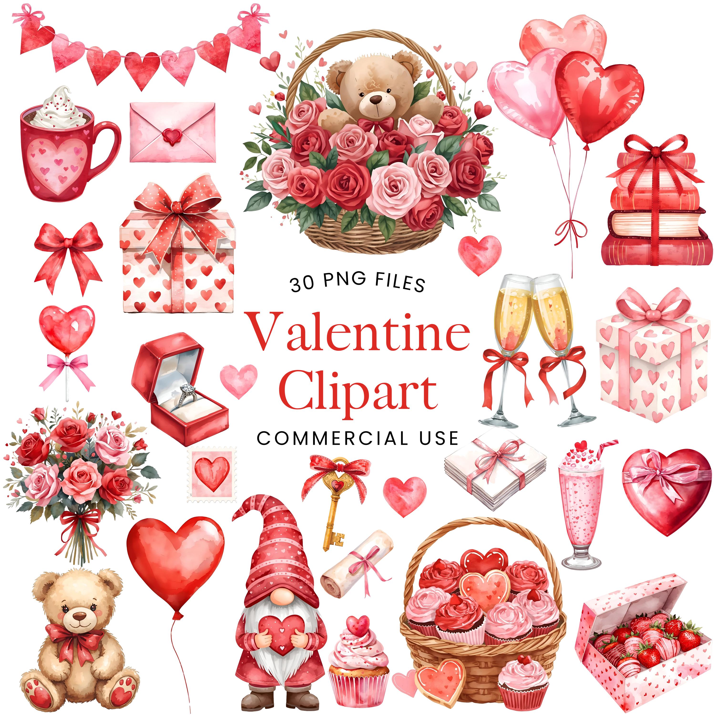 Valentine Clipart Bundle - Watercolor - Cute Valentine Png - Romantic ...