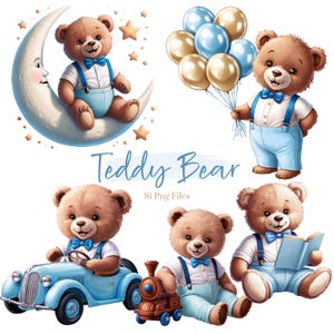 Clipart di orsacchiotto carino - Orsetto maschio - Clipart per bambini - Baby shower - Png - Palloncini orso - Orsetto blu - Orsi carini - Orsetto bambino - Acquerello