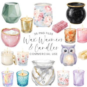 Puede incluir: Colección de ilustraciones de calentadores de cera y velas en acuarela. Diversas formas y colores, con diseños geométricos, florales y un búho. El texto "Wax Warmers & Candles" se muestra con "Commercial Use" debajo.