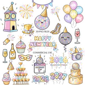 Clipart de Año Nuevo - Acuarela - Lindo Png de Año Nuevo - Bola de Discoteca - Fuegos Artificiales - Pastel - 2026 - Sublima de Año Nuevo - Uso Comercial