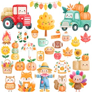 May include: A collection of watercolour illustrations featuring autumn-themed characters and objects, including a red tractor, a teal truck with pumpkins, a scarecrow, a fox, an owl, a turkey, a squirrel, various leaves, and smiling food items.