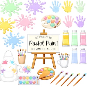 Può includere: Una collezione di materiali artistici dai colori pastello, tra cui schizzi di vernice, impronte di mani, tubetti di vernice, tavolozze, pennelli e un grembiule. L'immagine include un cavalletto in legno con il testo "Pastel Paint" e "Commercial Use".