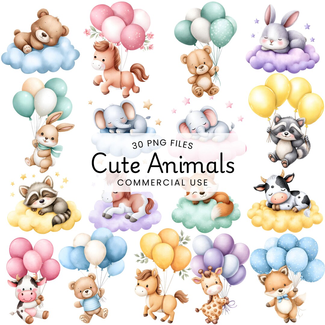 Watercolor Baby Animal Clipart – Nursery Graphics, Balloons (PNG ...
