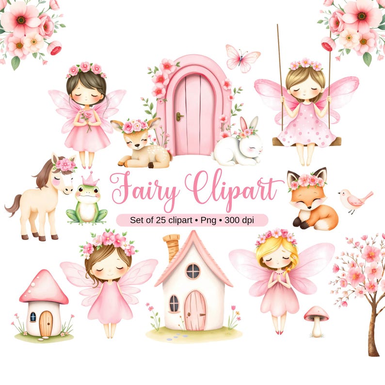 May include: A set of 25 watercolor fairy clipart images. The images include fairies, animals, flowers, houses, and other whimsical elements. The images are perfect for creating invitations, cards, and other crafts.