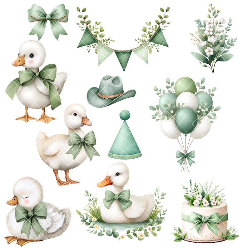 Puede incluir: Ilustraciones en acuarela de patos, lazos, un sombrero de vaquero, un gorro de fiesta, globos, guirnaldas y una tarta. Los patos son blancos con lazos verdes. Los dem&aacute;s elementos son verdes y blancos, para un baby shower o cumplea&ntilde;os.