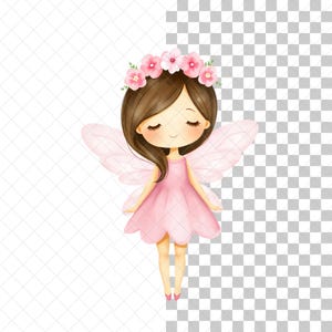 May include: A pink fairy with brown hair and closed eyes wearing a pink dress and a flower crown. She has pink wings and is standing on a transparent background.