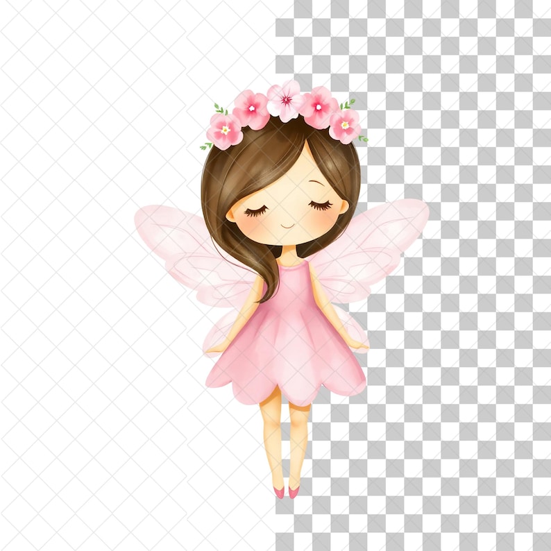 May include: A pink fairy with brown hair and closed eyes wearing a pink dress and a flower crown. She has pink wings and is standing on a transparent background.