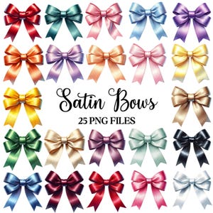 May include: A set of 25 digital images of satin bows in various colors, including red, blue, green, yellow, purple, and pink. The image text reads "Satin Bows 25 PNG Files".