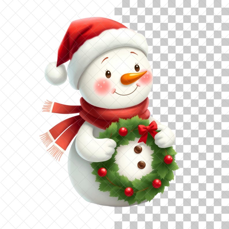 May include: A snowman wearing a red Santa hat and scarf holds a green Christmas wreath with red berries and a red bow.
