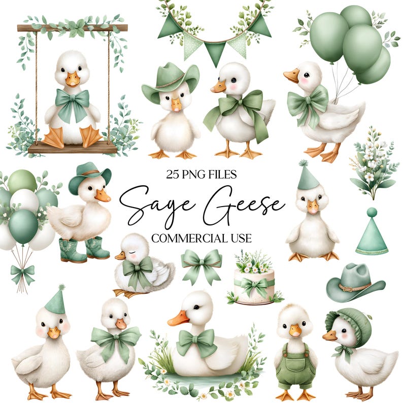 Puede incluir: Una colecci&oacute;n de ilustraciones en acuarela con adorables gansos blancos con detalles en verde salvia. Los gansos est&aacute;n representados con lazos, sombreros y globos, perfectos para baby showers o decoraci&oacute;n de guarder&iacute;as. Tambi&eacute;n se incluye el texto "Sage Geese" y "Commercial Use".