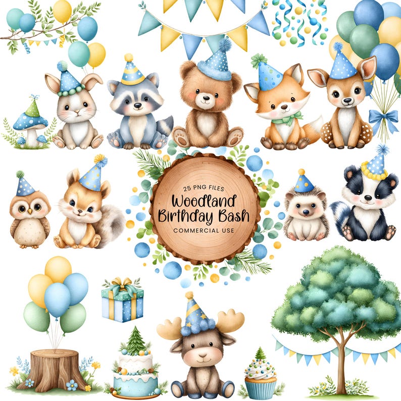 Woodland Birthday Clipart - Watercolor - Woodland Animal Png - Cute ...
