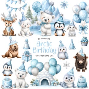 May include: A collection of watercolor illustrations featuring arctic animals, balloons, party hats, and cakes. The text reads "Arctic Birthday" and "30 PNG FILES COMMERCIAL USE". The color palette includes shades of blue, white, and brown.