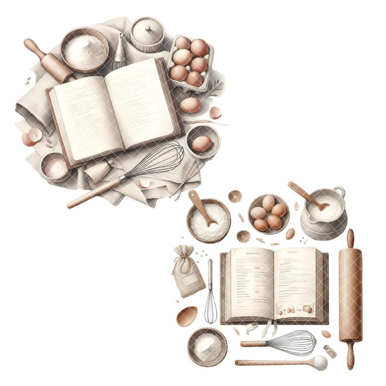Puede incluir: Una ilustraci&oacute;n de acuarela de utensilios de cocina, que incluye un libro de cocina, un rodillo, un batidor, harina, huevos y una jarra de crema. Los art&iacute;culos est&aacute;n dispuestos en un patr&oacute;n circular sobre un fondo blanco.