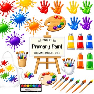 Könnte beinhalten: Eine Sammlung von Grundfarben-Malutensilien, darunter Farbspritzer, Handabdrücke, Farbtuben, Pinsel, Paletten und eine Schürze. Der Text "35 PNG FILES PRIMARY PAINT COMMERCIAL USE" ist enthalten.