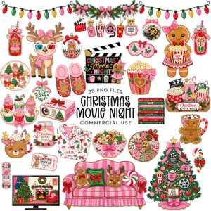 Puede incluir: Una colección digital de 35 ilustraciones con temática de noche de cine navideño que incluye personajes de pan de jengibre, un sofá rosa, un árbol decorado, palomitas, aperitivos, pijamas, zapatillas y decoración festiva en tonos rosa y verde.