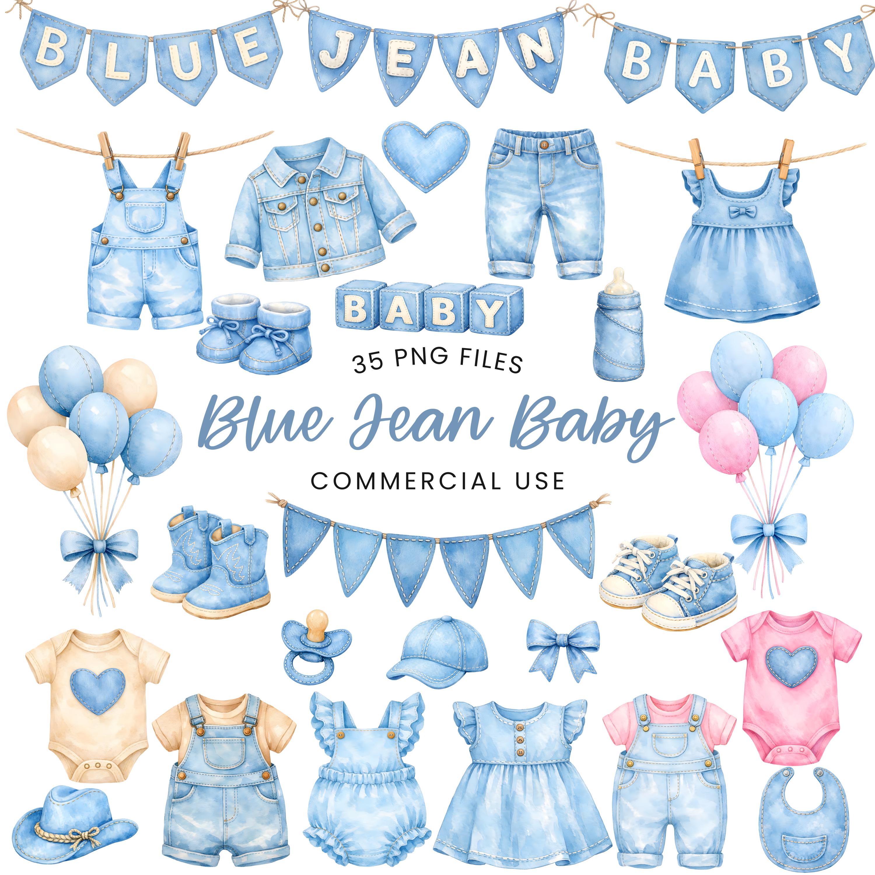 Blue Jean Baby Clipart - Watercolor - Denim Baby Clothes - Baby Shower ...