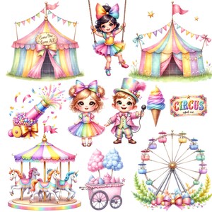 May include: A colourful circus scene with a big top tent, a carousel, a Ferris wheel, a candy floss cart, a cannon, a girl on a swing, a girl with a rainbow dress, a boy in a clown costume, and a sign that says "Circus, adult one".