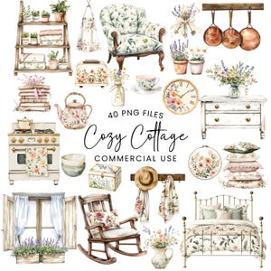 Cottagecore Clipart - Watercolor - Home Decor - Cozy Png - Cottage Home Clipart - Rustic - Shabby Chic - Commercial License