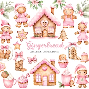 May include: A set of 25 digital illustrations featuring gingerbread houses, gingerbread people, and other gingerbread-themed elements. The illustrations are in a watercolor style and feature pink, brown, and white colors. The text "Gingerbread" is included in the image.