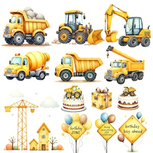 Bygg Clipart - Akvarell - Byggfödelsedag Png - Byggfordon - Söta Barn Clipart - Dumper - Kommersiellt bruk bild 7