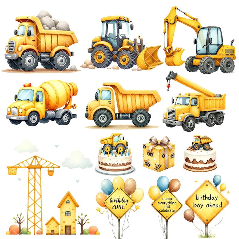 Bygg Clipart - Akvarell - Byggfödelsedag Png - Byggfordon - Söta Barn Clipart - Dumper - Kommersiellt bruk bild 7