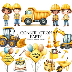 Bygg Clipart - Akvarell - Byggfödelsedag Png - Byggfordon - Söta Barn Clipart - Dumper - Kommersiellt bruk bild 5