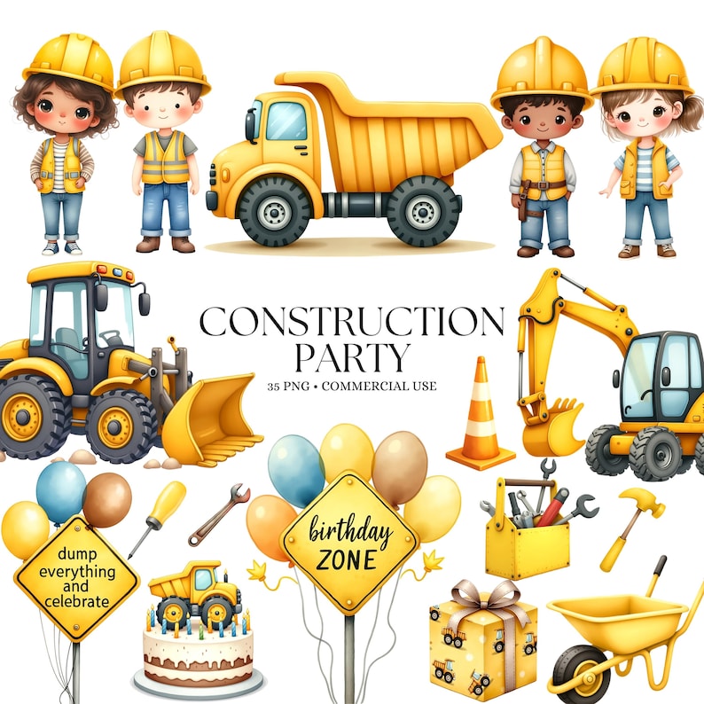 Bygg Clipart - Akvarell - Byggfödelsedag Png - Byggfordon - Söta Barn Clipart - Dumper - Kommersiellt bruk bild 5
