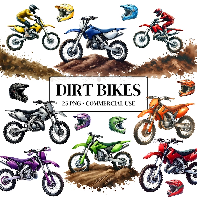 May include: A collection of 25 dirt bikes in various colours and designs. The bikes are all in a watercolour style and are set against a white background. The text "Dirt Bikes" and "25 PNG - Commercial Use" is displayed on a white rectangle.