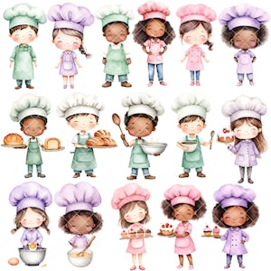 May include: A set of 15 watercolor illustrations of children dressed as bakers. The children are wearing various colored chef hats and aprons. Some are holding baking supplies, such as bread, cake, and a whisk.