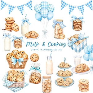 Könnte beinhalten: Eine Aquarell-Illustration zum Thema Milch und Kekse mit blau-weißem Gingham-Akzenten. Die Illustration enthält Milchflaschen, Kekse in Gläsern, Körbe und Teller sowie blaue und weiße Ballons und Girlanden.