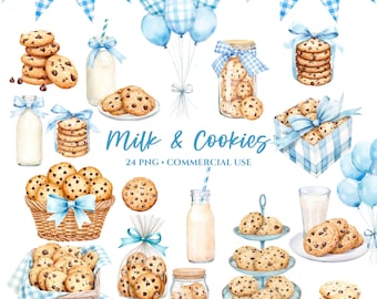 Milk and cookies clipart - Watercolor - Blue Gingham - Birthday Clipart - Chocolate chip cookies - Cookie PNG - Commercial License