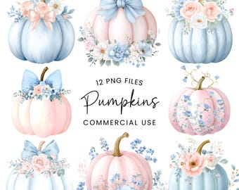 Pastel Pumpkin Clipart - Watercolor - Floral Pumpkin Png - Pink Pumpkins - Pumpkin With Bow - Commercial Use