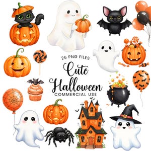 Cute Halloween Clipart - Watercolor - Ghost - Pumpkin - Cat - Spider - Bat - Halloween Png - Cauldron - Haunted House  - Commercial Use