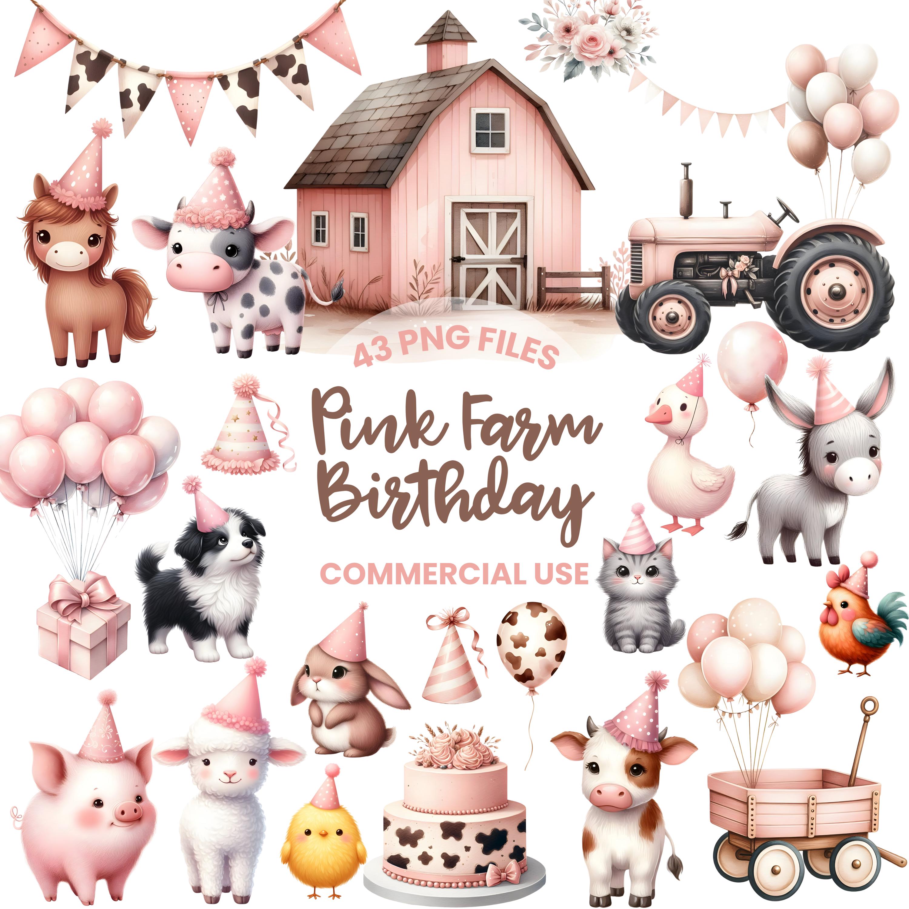 Farm Birthday Clipart - Watercolor - Cute Farm Png - Pink Farm ...