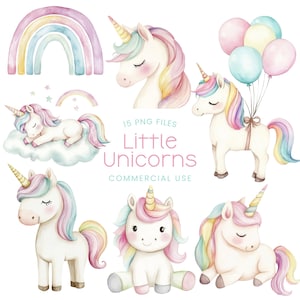 May include: A set of 15 watercolor illustrations featuring cute unicorns with rainbow manes and horns. The illustrations include unicorns sleeping on clouds, unicorns with balloons, and unicorns standing alone. The text "15 PNG Files Little Unicorns Commercial Use" is included in the image.