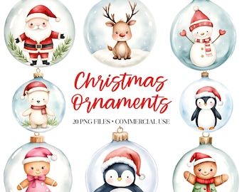 Clipart di ornamenti natalizi - Acquerello - Ornamento carino PNG - Palline di Natale - Sublimazione di ornamenti - Babbo Natale - Renna - Uso commerciale