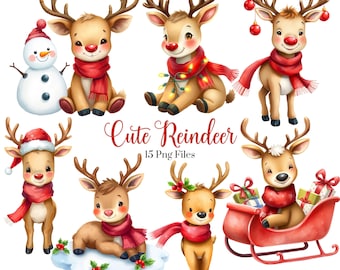 Cute Reindeer Clipart - Watercolor Reindeers - Christmas Clipart - Adorable - Reindeer PNG - Santa's Reindeer - Christmas illustration