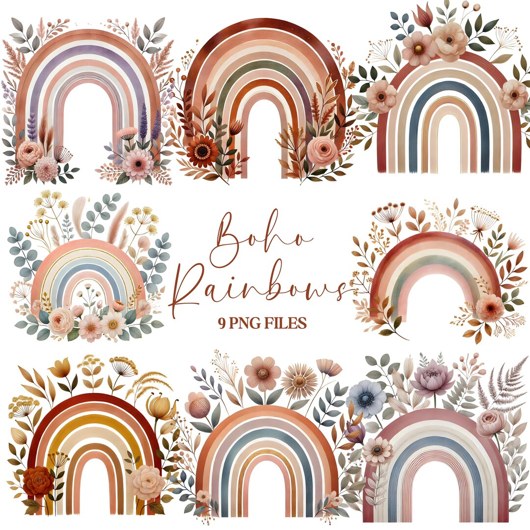 Boho Rainbow Clipart - Watercolor - Floral Rainbow Png - Rainbow ...