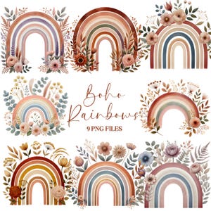 Könnte beinhalten: Neun digitale Illustrationen von Boho-Regenbögen mit floralen Akzenten. Jeder Regenbogen ist eine andere Farbkombination mit einer Vielzahl von Blumen und Blättern.