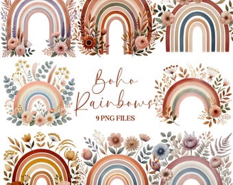 Puede incluir: Nueve ilustraciones digitales de arcoíris boho con acentos florales. Cada arcoíris es una combinación de colores diferente con una variedad de flores y hojas.