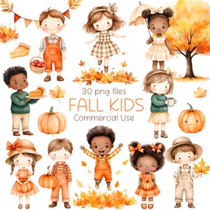 Fall Kids Clipart - Watercolor - Cute Autumn Png - Kids Clipart Bundle - Pumpkin - Leaves - Commercial Use