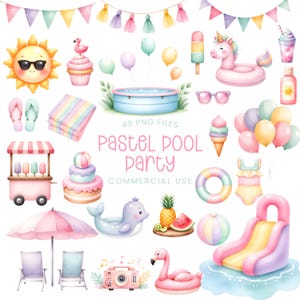 Pastel Pool Party Clipart - aquarel - leuke zomer Clipart - meisje verjaardag Png - strand Clipart - ijs - Floatie - commercieel gebruik