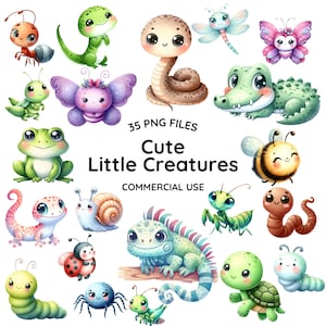 Imágenes prediseñadas de criaturas: acuarela, insectos, reptiles, anfibios, serpientes, mariposas, tortugas, ranas, bichos, lagartos, iguanas y abejorros
